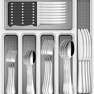 49-Piece Stainless Steel Silverware Set with Cutlery Organizer, Service for 8 with Steak Knives and Kitchen Utensils