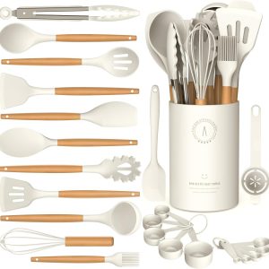 Silicone Cooking Utensils Set - Silicone Kitchen Utensils for Cooking Wooden Handles, 446°F Heat Resistant Kitchen Utensil Spatula Sets w Holder, Gadgets for Non-Stick Cookware BPA FREE (Cream White)