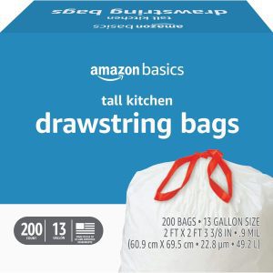 Amazon Basics Tall Kitchen Drawstring Trash Bags, 13 Gallon, 200 Count, Pack of 1